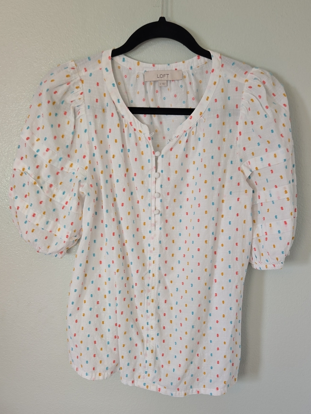 Loft | White Puff Sleeve Clip Dot Blouse Size Small
